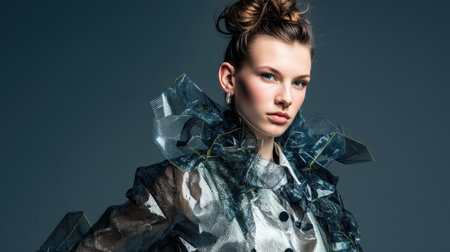 A young model displays a stunning futuristic outfit featuring artistic fabric layers, emphasizing innovative fashion design with confidence and elegance.の素材