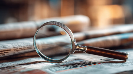 This detailed image features a vintage magnifying glass placed on scattered newspapers, symbolizing a focus on investigation, truth, and literary exploration.の素材