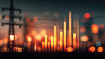 This image features an abstract financial growth chart against a blurred urban backdrop, symbolizing the intersection of economy, technology, and city life.の素材