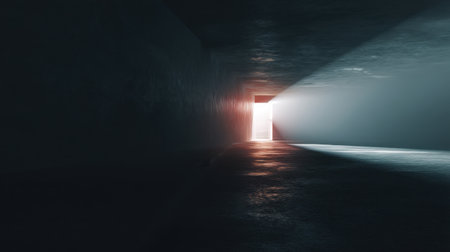 A stunning image capturing light streaming through an open doorway in a dark, concrete room, evoking feelings of hope and exploration in a tranquil environment.の素材