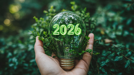 A hand gently holds a transparent light bulb filled with greenery, featuring the year 2026, representing a vision for a sustainable and eco-friendly future.の素材