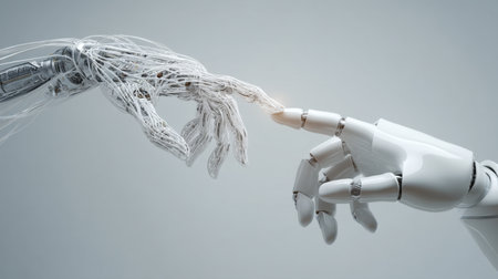 This striking image captures the almost touching hands of a human and a robotic hand, symbolizing the intersection of humanity and advanced technology in the modern world.の素材