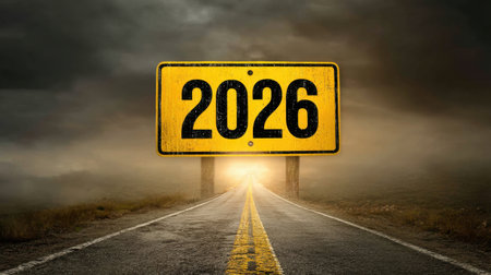 A striking yellow road sign marking the year 2026 stands prominently on an empty highway, bathed in warm light beneath a moody twilight sky, symbolizing future possibilities.の素材