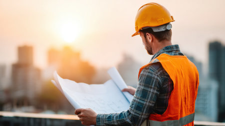 A construction worker examines blueprints at sunset with a city skyline in the background. The worker, wearing a safety helmet and vest, focuses on project details.の素材