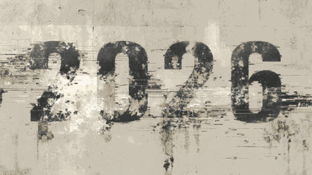 This image showcases a grungy textured background featuring the distressed numbers 2026, perfect for artistic projects and modern designs. The unique patterns inspire creativity.の素材