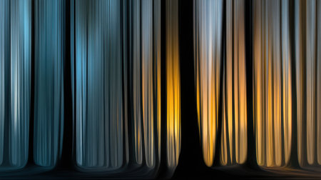 This abstract image showcases blurred vertical lines in shades of blue and yellow, creating an elegant composition that conveys movement and light in a modern style.の素材