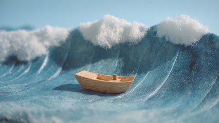 A small wooden boat sails through vibrant blue ocean waves capped with white foam, symbolizing adventure and calmness against a beautiful backdrop.の素材