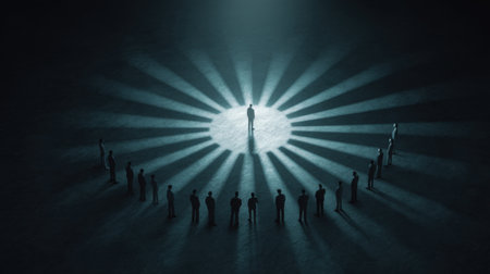 This captivating stock image showcases a lone figure standing at the center surrounded by dark silhouettes, with dramatic light rays emanating from below, creating a striking visual.の素材