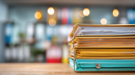 Stacked colorful file folders on a wooden table provide a vibrant touch to an office setting. The blurred background creates a warm, inviting workspace, perfect for productivity.の素材