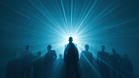 A striking image of silhouetted figures in business suits standing against a background of dramatic blue light, evoking themes of leadership, mystery, and authority.の素材