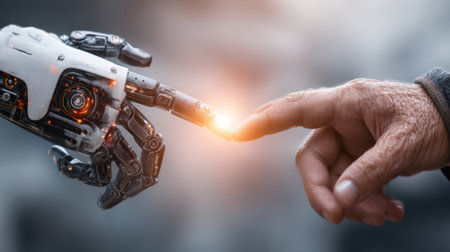 A powerful visual representing the delicate relationship between human touch and robotic technology, symbolizing the seamless integration of humanity and innovation in the future.の素材