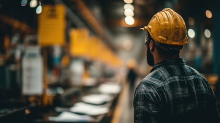 A determined industrial worker in a hard hat and safety glasses stands in a manufacturing plant, observing the production process in a well-lit environment.の素材
