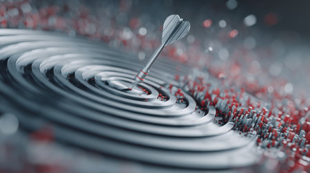 A dart arrow strikes the center of a target, creating ripples in a water surface. This abstract image symbolizes focus, success, and achievement in a competitive environment.の素材