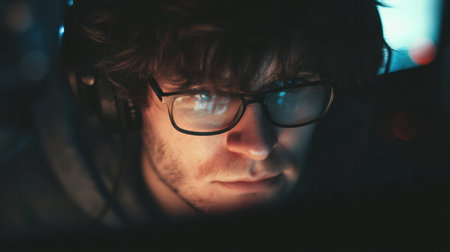 A focused gamer wears headphones and glasses while deeply engaged in gameplay, illuminated by the glow of screens in a dimly lit environment.の素材