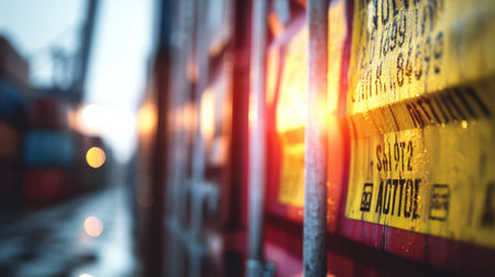 A captivating close-up of colorful shipping containers drenched in rain, illustrating vital port infrastructure and cargo operations in a dynamic urban setting.の素材