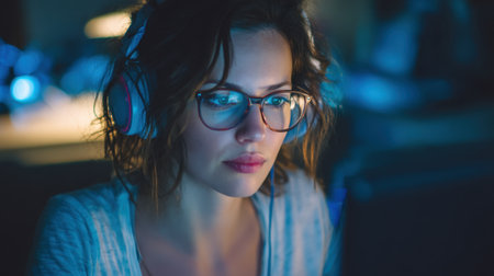 A young woman wearing headphones and glasses intensely focuses on her computer screen while gaming, capturing the essence of modern digital entertainment and leisure.の素材