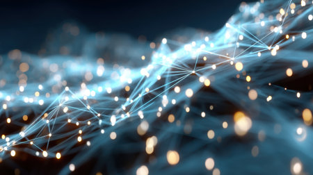 This captivating abstract image showcases a digital landscape filled with glowing dots and flowing lines, evoking themes of technology, connectivity, and innovation.の素材
