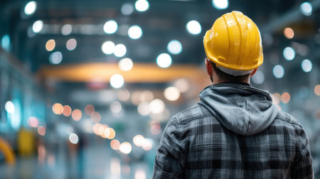 A focused industrial worker in a safety helmet stands in a factory, observing operations and surrounded by blurred lights and machinery, emphasizing workplace safety.の素材