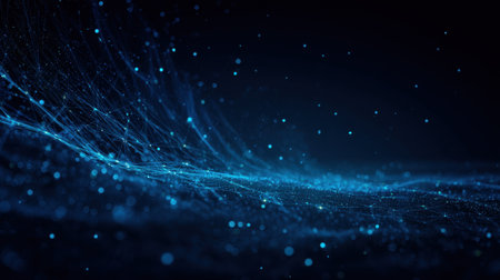 This abstract image showcases a futuristic view of digital data flow, featuring glowing particles and dynamic lines that evoke a sense of movement and depth.の素材