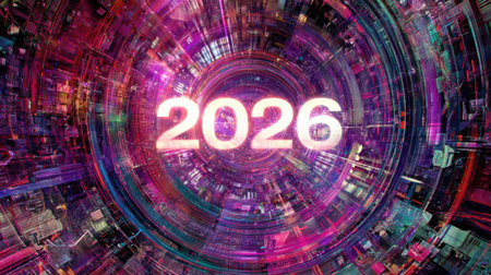 Dive into a captivating digital artwork representing the year 2026, featuring a burst of vibrant colors and dynamic patterns that illustrate a futuristic concept.の素材