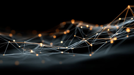 Explore the intricate beauty of an abstract network connection visualization, where glowing nodes and intersecting lines convey a sense of innovation and technological advancement.の素材