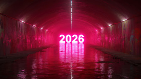 This captivating image showcases a reflective water tunnel featuring bright pink neon numbers indicating the year 2026. Artistic graffiti and atmospheric light enhance its urban vibe.の素材