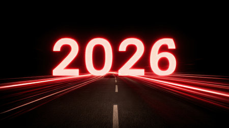This striking image showcases the year 2026 in bright neon lettering against a dark background, creating a visually dynamic effect that symbolizes innovation and future aspirations.の素材