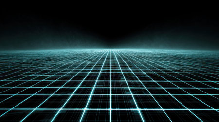 Immerse yourself in this futuristic digital grid landscape, featuring glowing neon blue lines against a dark backdrop. Perfect for technology-themed designs.の素材