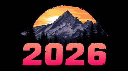 Captivating mountain landscape featuring a bold 2026 text overlay. This vibrant artwork captures the essence of adventure and natural beauty, ideal for travel themes.の素材