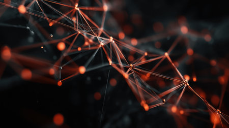 This image features an abstract depiction of vibrant network connections with glowing nodes and dynamic lines against a dark backdrop, symbolizing technology and science.の素材
