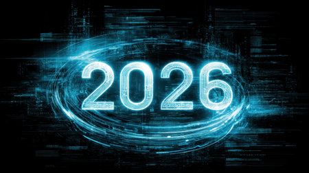 Explore a stunning digital artwork showcasing the year 2026 in a futuristic style, featuring glowing elements and a dynamic data flow to represent innovation and technology.の素材