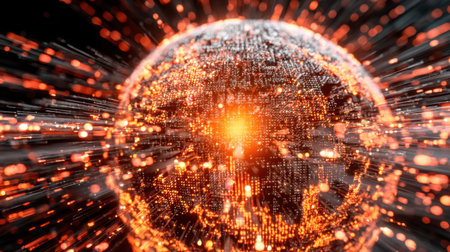 Vibrant abstract globe illustration featuring glowing orange particles, symbolizing technology, data flow, and global connectivity in a dynamic visual representation.の素材
