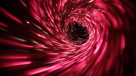 Experience a vibrant spiral tunnel of dynamic red light in this abstract image. This captivating visual captures energy and motion, creating a sense of depth.の素材