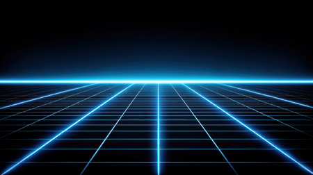 A captivating digital scene featuring a neon blue grid against a dark backdrop, evoking a sense of modernity and technology for creative projects.の素材