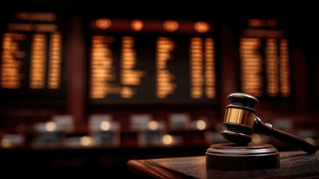 A wooden gavel rests on a polished desk, highlighting the serious environment of a courtroom, with a blurred scoreboard displaying legal proceedings to emphasize justice.の素材