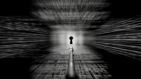 This image illustrates an abstract keyhole with a dramatic focus on a blurred background of text, evoking themes of mystery, access, and exploration of knowledge.の素材