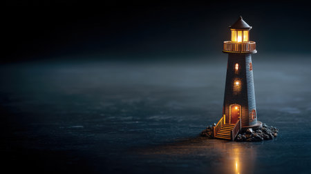 A captivating miniature lighthouse sits illuminated against a dark backdrop, offering a blend of tranquility and charm ideal for decor and artistic inspiration.の素材