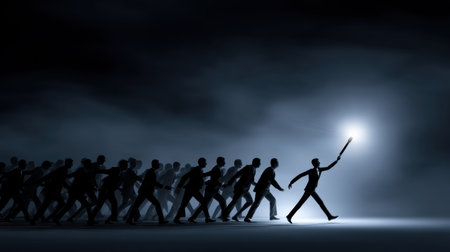 A lone figure carries a bright light, guiding a group through darkness, capturing themes of leadership, inspiration, and the quest for purpose amid overwhelming challenges.の素材