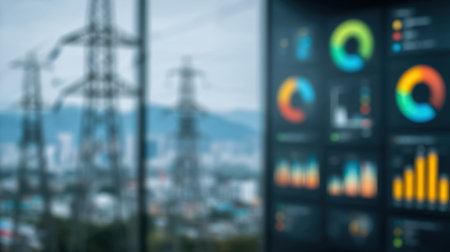 This image shows a blurred cityscape with a digital display board showing colorful data graphics related to energy consumption and power trends in technology.の素材