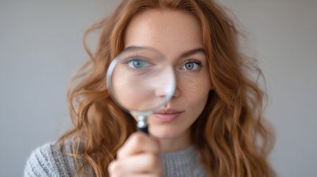 A portrait of a young woman with striking red hair, using a magnifying glass to examine details. The image evokes themes of curiosity and exploration in a bright setting.の素材