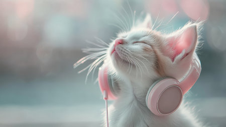 A delightful white kitten in pink headphones enjoys a moment of music and relaxation, embodying joy and cuteness, perfect for pet enthusiasts and music lovers alike.の素材