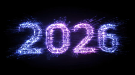 This captivating digital illustration showcases the year 2026 in vibrant light effects and sparkling particles, perfect for celebrating new beginnings and futuristic themes.の素材