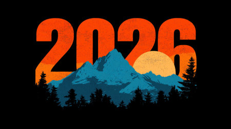 Discover a striking image showcasing majestic mountains beneath a vibrant sunset, accompanied by bold 2026 text, perfect for nature enthusiasts and travel themes.の素材