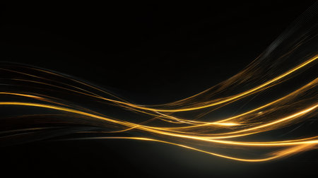 This stunning abstract background features luminous golden light waves sweeping across a dark canvas, creating a sophisticated and modern visual atmosphere.の素材
