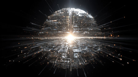 A stunning digital sphere radiates light from its center against a dark background, creating a mesmerizing cosmic effect filled with vibrant energy and movement.の素材