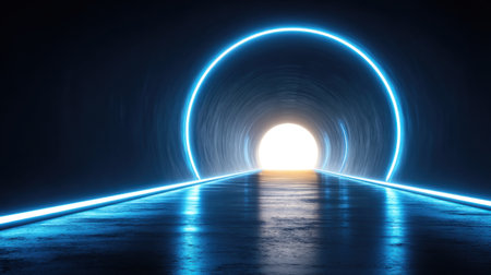 A captivating image of a futuristic tunnel illuminated by a brilliant light at the end, featuring a blue neon glow that creates an intriguing atmosphere.の素材