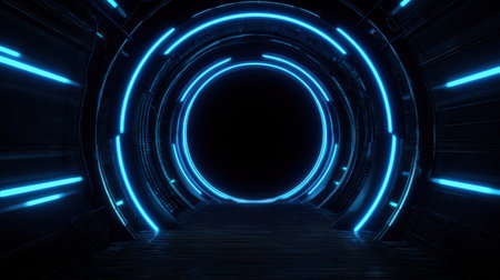 A captivating futuristic tunnel showcases glowing blue lines that lead into an inviting dark void, enhancing the sense of depth and mystery in a sci-fi landscape.の素材