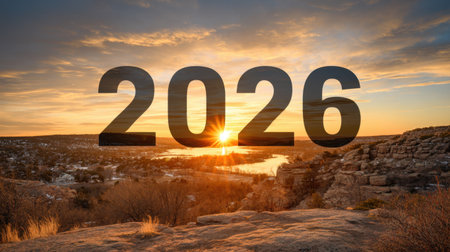 Captivating sunset view featuring the year 2026, symbolizing hope and new beginnings. The warm hues blend beautifully with the serene landscape, inspiring reflection.の素材