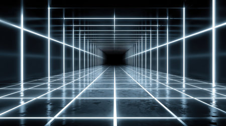 This image depicts a futuristic tunnel with glowing lines and reflective surfaces, creating a captivating virtual reality environment that draws viewers into its depths.の素材
