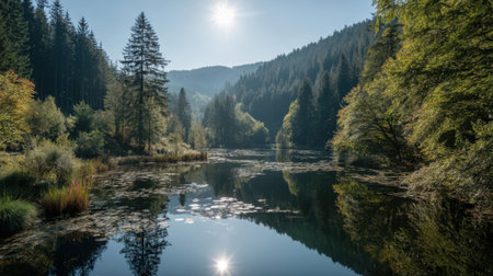A tranquil scene of a calm lake reflecting trees and mountains, framed by greenery under a bright blue sky, capturing the essence of nature's serene beauty.の素材